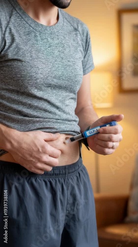 A man in a grey t-shirt administering a GLP-1 injection into his abdomen at home. This vertical shot captures a patient managing weight loss or diabetes treatment through a subcutaneous self-injection