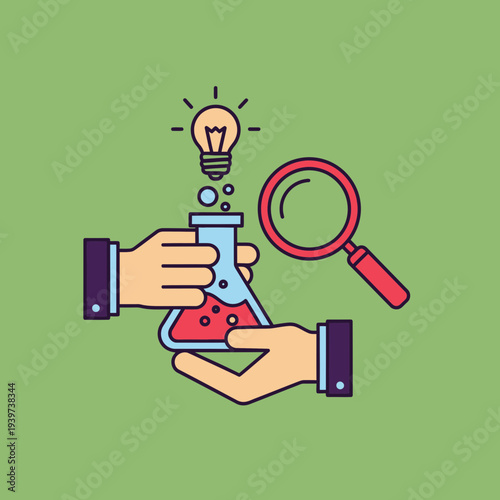 Hands holding a laboratory flask with a lightbulb above, symbolizing ideas and experimentation.