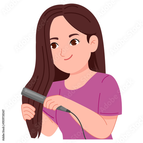 Illustration of a Woman Straightening Her Hair
