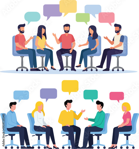 Discussion Circle Illustration: An animated group of individuals engaged in a dynamic discussion, illustrated with vibrant speech bubbles, symbolizing idea sharing and collaborative communication.