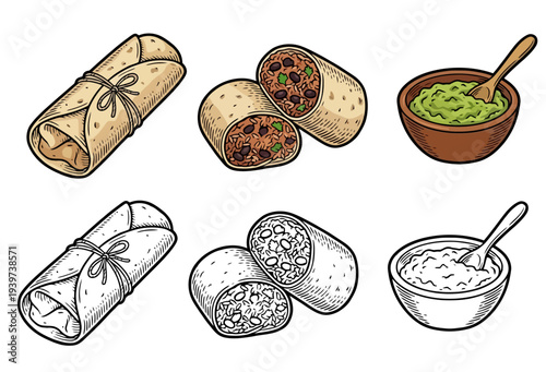 Detailed illustrations of various international wraps and dips in different styles and views