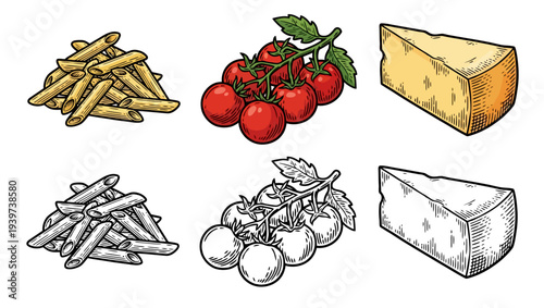Assorted food items including fries, tomatoes, cheese, garlic, mushrooms, and cheese blocks on a plain background from a direct viewpoint