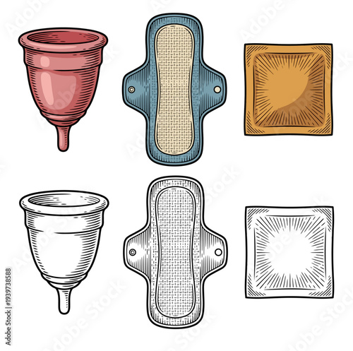Various menstrual products illustration showcasing different types and designs for feminine hygiene