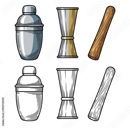 Cocktail shakers and muddlers arranged in a set, viewed from directly above, showcasing bar tools