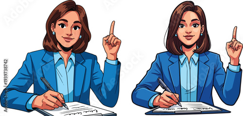 Businesswoman Pointing Upward: Two businesswomen, attired in professional attire, showcase focus and innovative thinking, with the gesture of pointing upwards in the spirit of inspiration