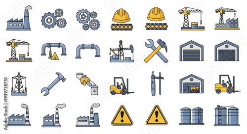 Construction Equipment Icons Set for Industry Use.