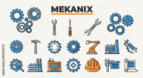 Industrial Icons Representing Mechanical Engineering Tools.