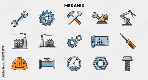 Industrial Icons Representing Mechanical Tools and Equipment.