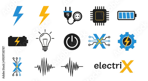 Electricity Icons Set with Various Symbols.
