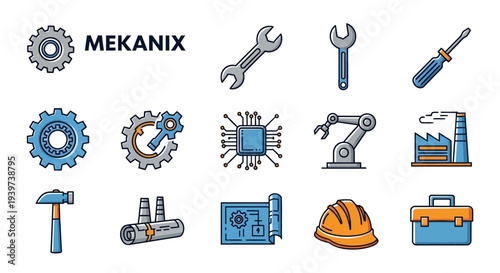 Industrial Tools and Machinery Icons Collection.