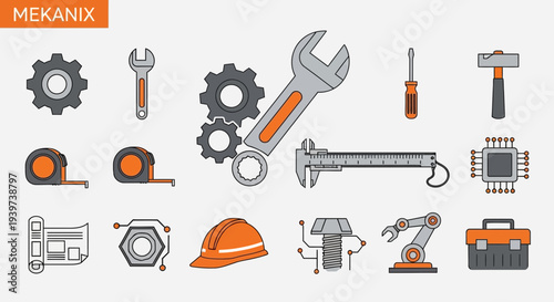 Industrial Tools and Equipment Icons Set.