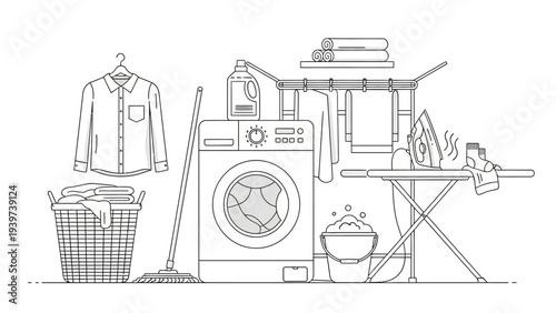 Household laundry and ironing scene with washing machine and iron.