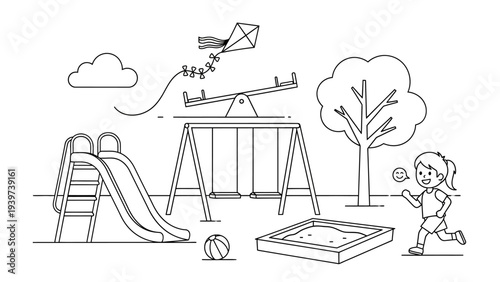 Children's playground with slide, swings, sandbox, kite, and ball.