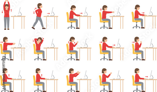 Flat vector illustration set showing ergonomic office stretches and correct sitting posture for health and wellness while working at a computer desk station.