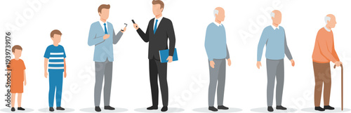 Flat vector illustration showing the stages of aging from childhood and professional adulthood to senior years and elderly life with a cane.