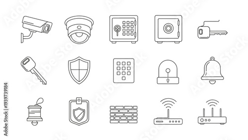 Set of linear icons for security, protection, and smart home technology