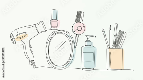 Minimalist Line Art Illustration of Beauty and Personal Care Items