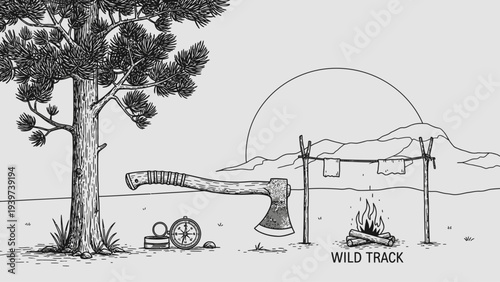 Wilderness camp scene with axe, compass, and campfire under a pine tree.