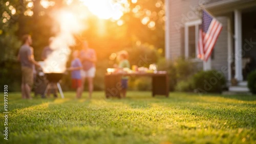 A sun-drenched, blurred outdoor scene of a family barbecue on Independence Day. Features a house with an American flag, glowing bokeh, and a warm atmosphere of a patriotic 4th of July celebration