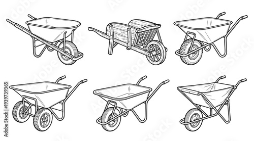 wheelbarrow , realistic line art vector set , white background , PNG and SVG isolate
