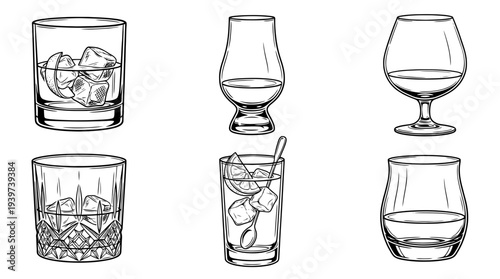 whiskey glass , realistic line art vector set , white background , PNG and SVG isolate