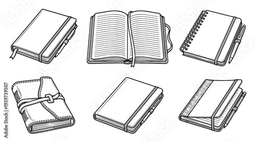 writing journal , realistic line art vector set , white background , PNG and SVG isolate