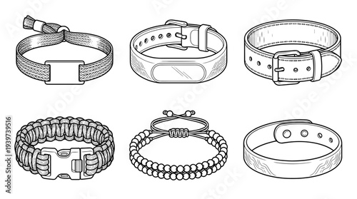 wristband , realistic line art vector set , white background , PNG and SVG isolate