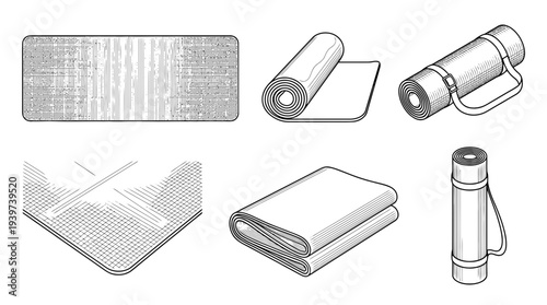 yoga mat , realistic line art vector set , white background , PNG and SVG isolate