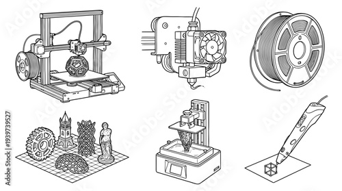3d printing , realistic line art vector set , white background , PNG and SVG isolate