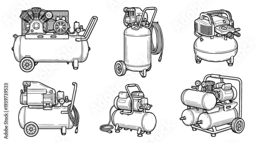 air compressor , realistic line art vector set , white background , PNG and SVG isolate