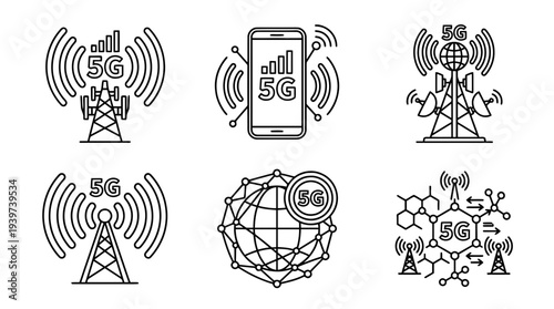 5g network symbol , realistic line art vector set , white background , PNG and SVG isolate