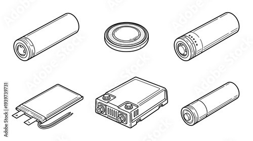 battery lithium , realistic line art vector set , white background , PNG and SVG isolate