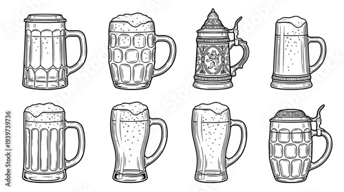 beer mug , realistic line art vector set , white background , PNG and SVG isolate