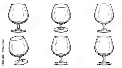 brandy glass , realistic line art vector set , white background , PNG and SVG isolate