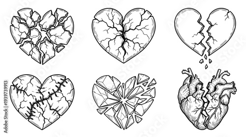 broken heart , realistic line art vector set , white background , PNG and SVG isolate