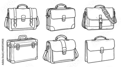briefcase , realistic line art vector set , white background , PNG and SVG isolate