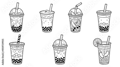 bubble tea , realistic line art vector set , white background , PNG and SVG isolate
