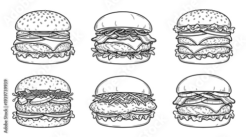 burger , realistic line art vector set , white background , PNG and SVG isolate