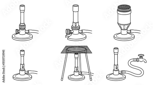 bunsen burner , realistic line art vector set , white background , PNG and SVG isolate