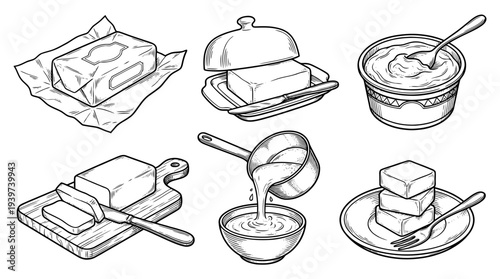 butter , realistic line art vector set , white background , PNG and SVG isolate