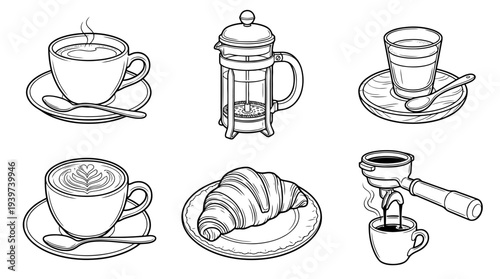 cafe , realistic line art vector set , white background , PNG and SVG isolate