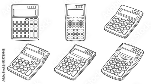 calculator , realistic line art vector set , white background , PNG and SVG isolate