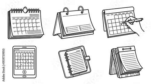 calendar , realistic line art vector set , white background , PNG and SVG isolate