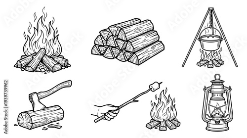 campfire , realistic line art vector set , white background , PNG and SVG isolate