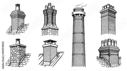 chimney , realistic line art vector set , white background , PNG and SVG isolate