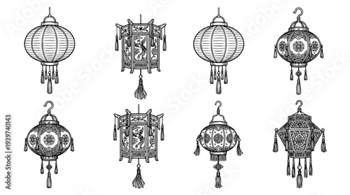 chinese lantern , realistic line art vector set , white background , PNG and SVG isolate