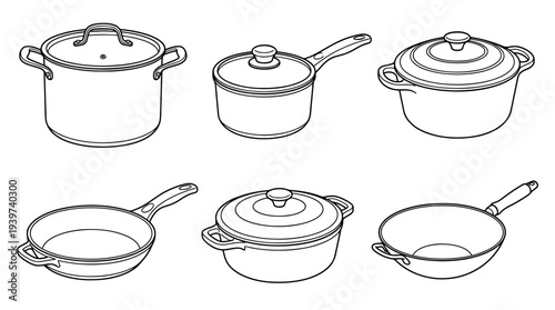 cooking pot , realistic line art vector set , white background , PNG and SVG isolate