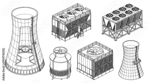 cooling tower , realistic line art vector set , white background , PNG and SVG isolate