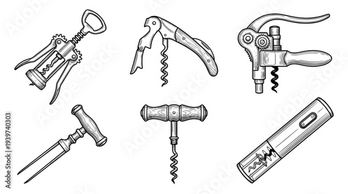 corkscrew , realistic line art vector set , white background , PNG and SVG isolate