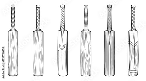 cricket bat , realistic line art vector set , white background , PNG and SVG isolate